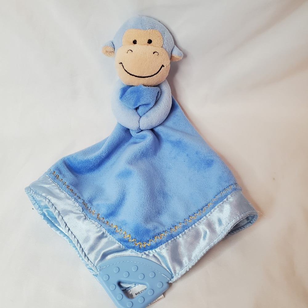 Prestige Baby Monkey Teether Blanket Lovey Cuddle Puppet Blue Plush Satin